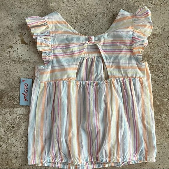 🐱 2 / $15 NWT Cat & Jack Multi Color Stripe Girls Top ruffle Sleeve Square Neck - Picture 2 of 4